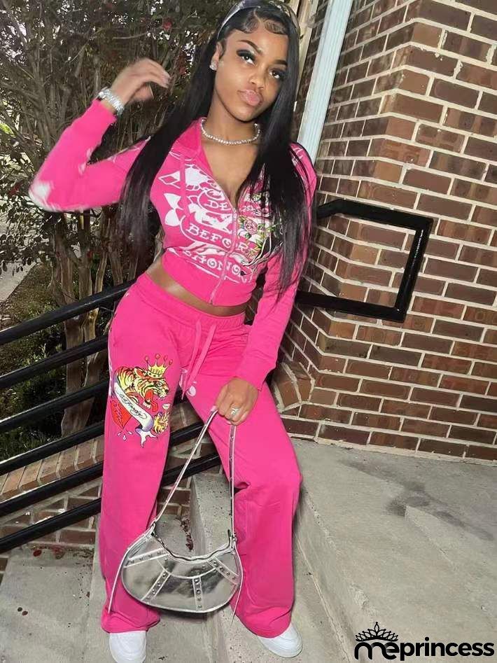 Women Fashion Casual Print Long Sleeve Zipper Top Pants Two-Piece Set