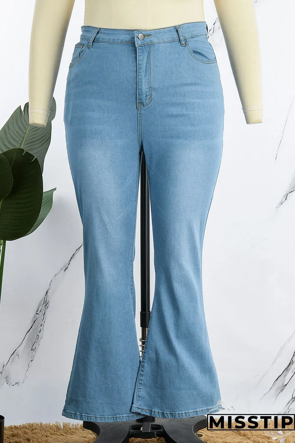 Light Blue Casual Solid Patchwork Plus Size Jeans