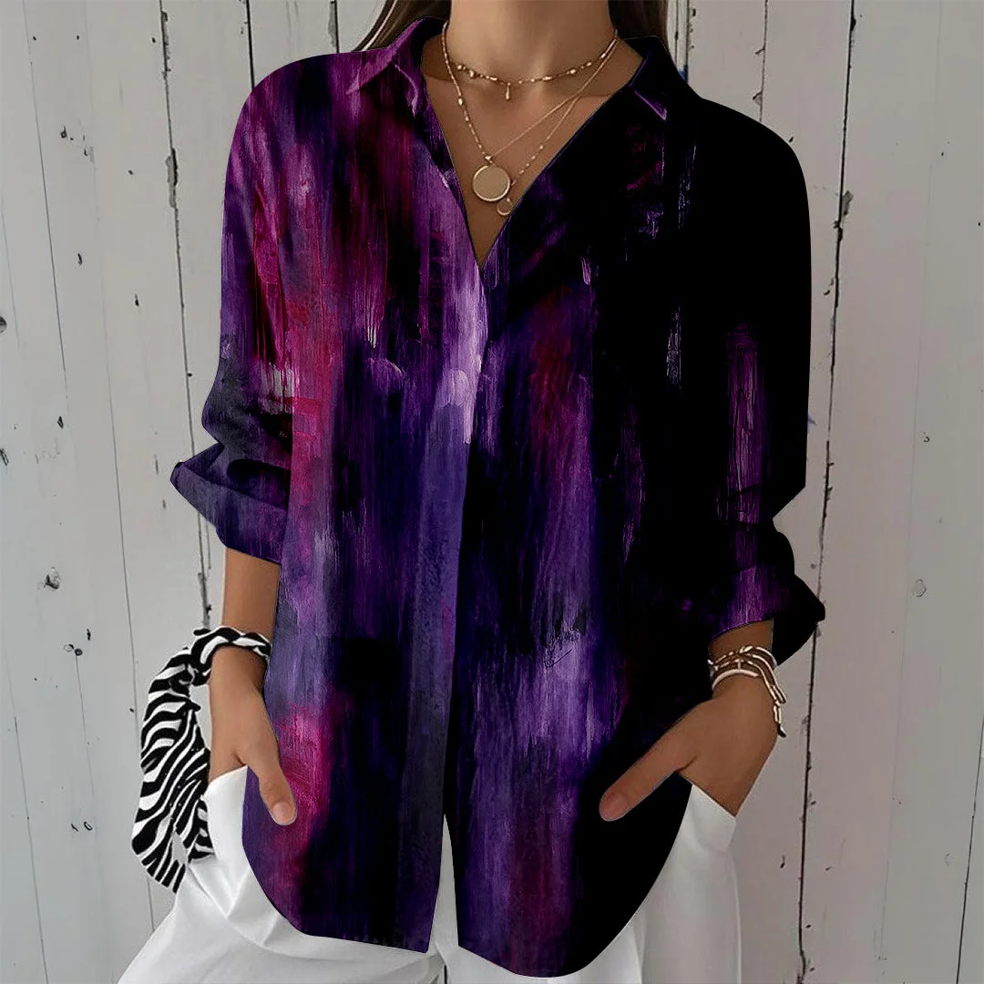 Style & Comfort for Mature Women Women Painting,Purple DZCL0017 3/4 Sleeve Shirt Collar Printed Button Tops
