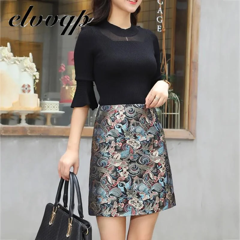 Vintage Embroidered Flowers Skirt Autumn Winter Elegant Office Worker Skirt Casual Zipper High Quality Mini Party Skirts Women