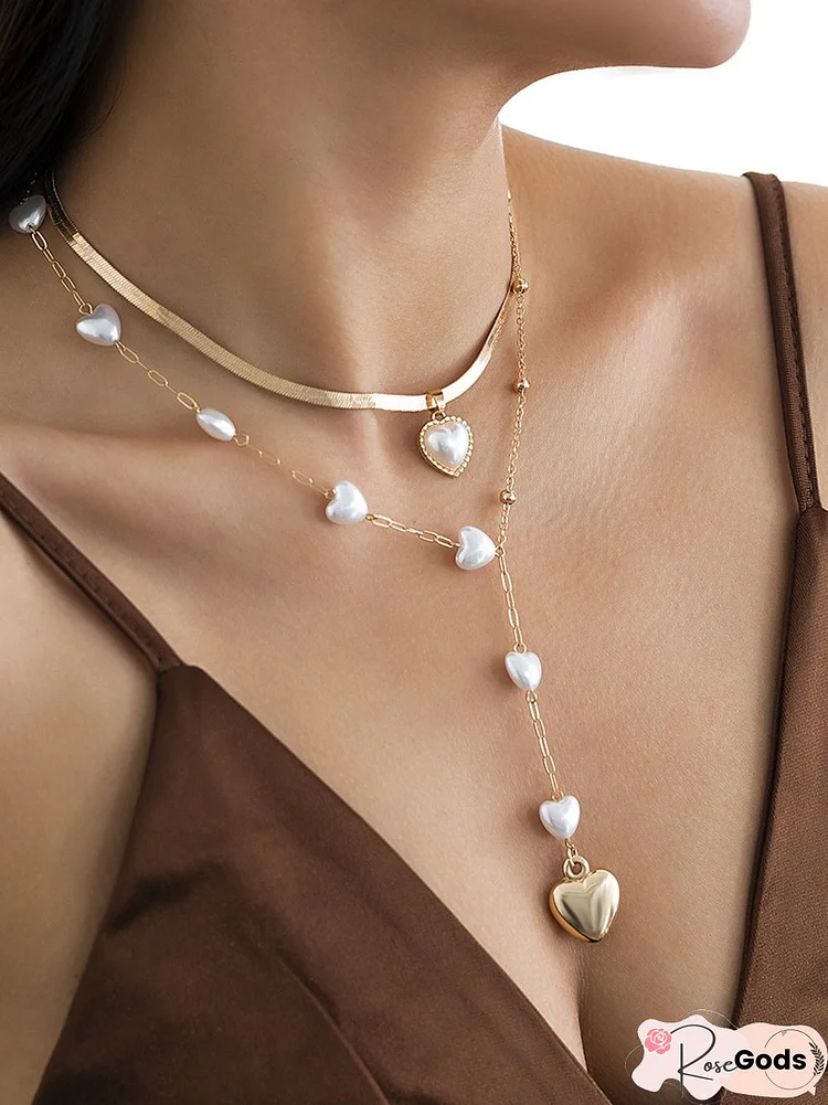 Resort Style Pearl Double Heart Long Necklace