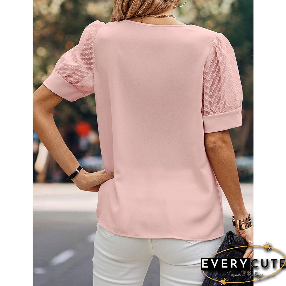 Pink V-neck Mesh Short Sleeved Knitted Blouse