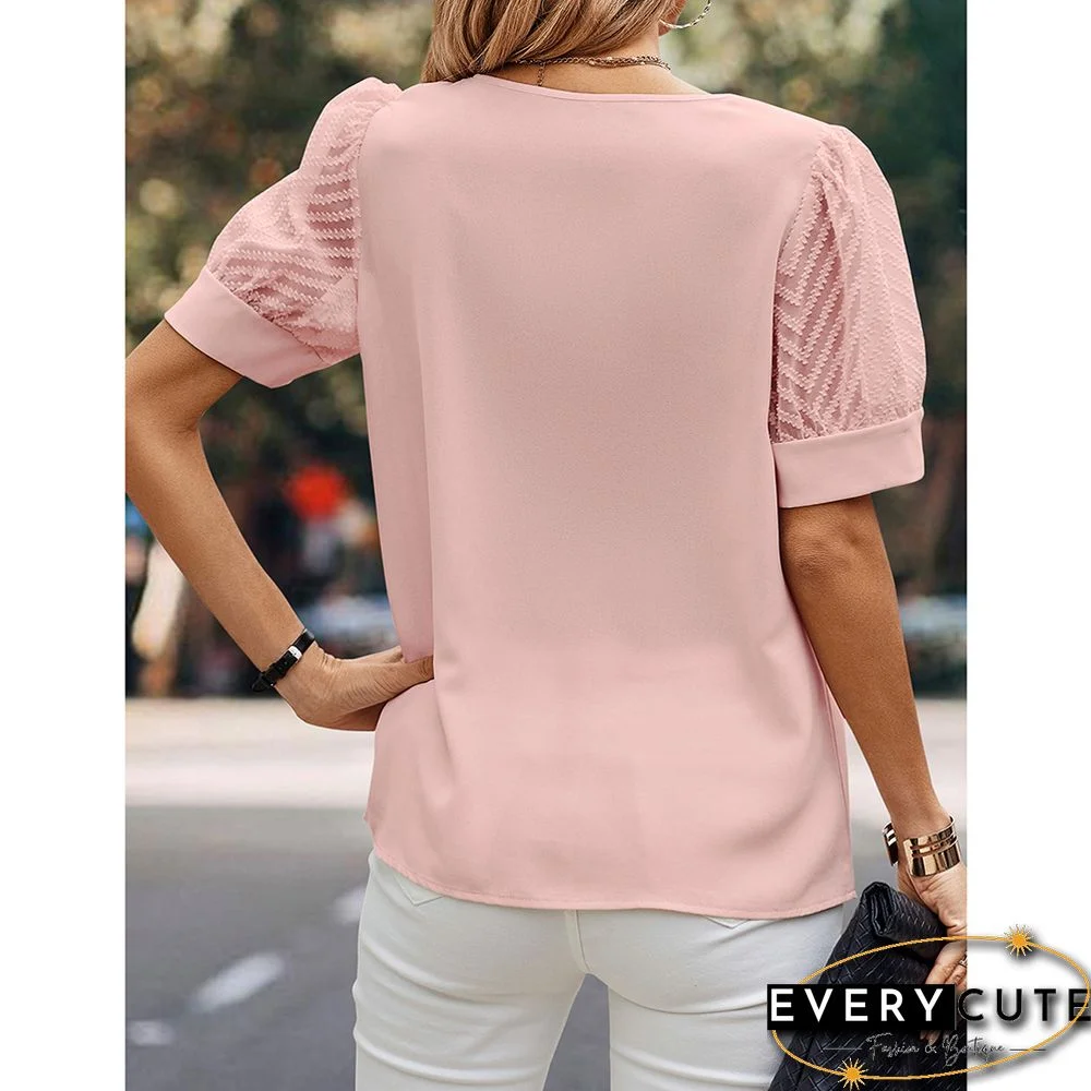 Pink V-neck Mesh Short Sleeved Knitted Blouse