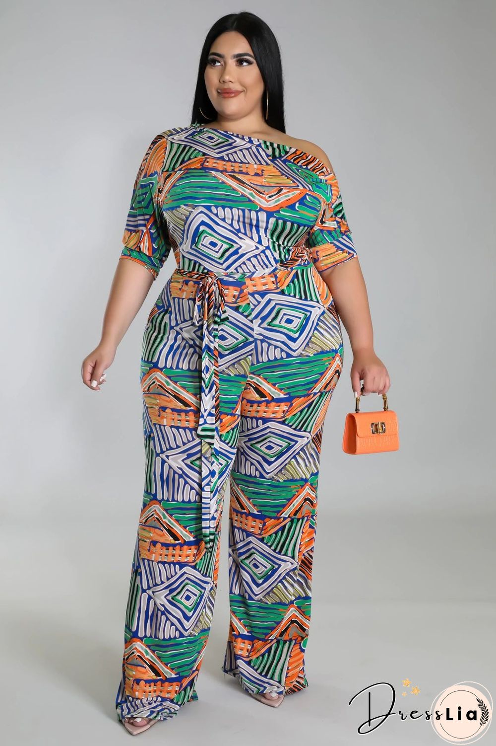 Off-the-shoulder Printed Plus Size Wide Leg Jumpsuit
