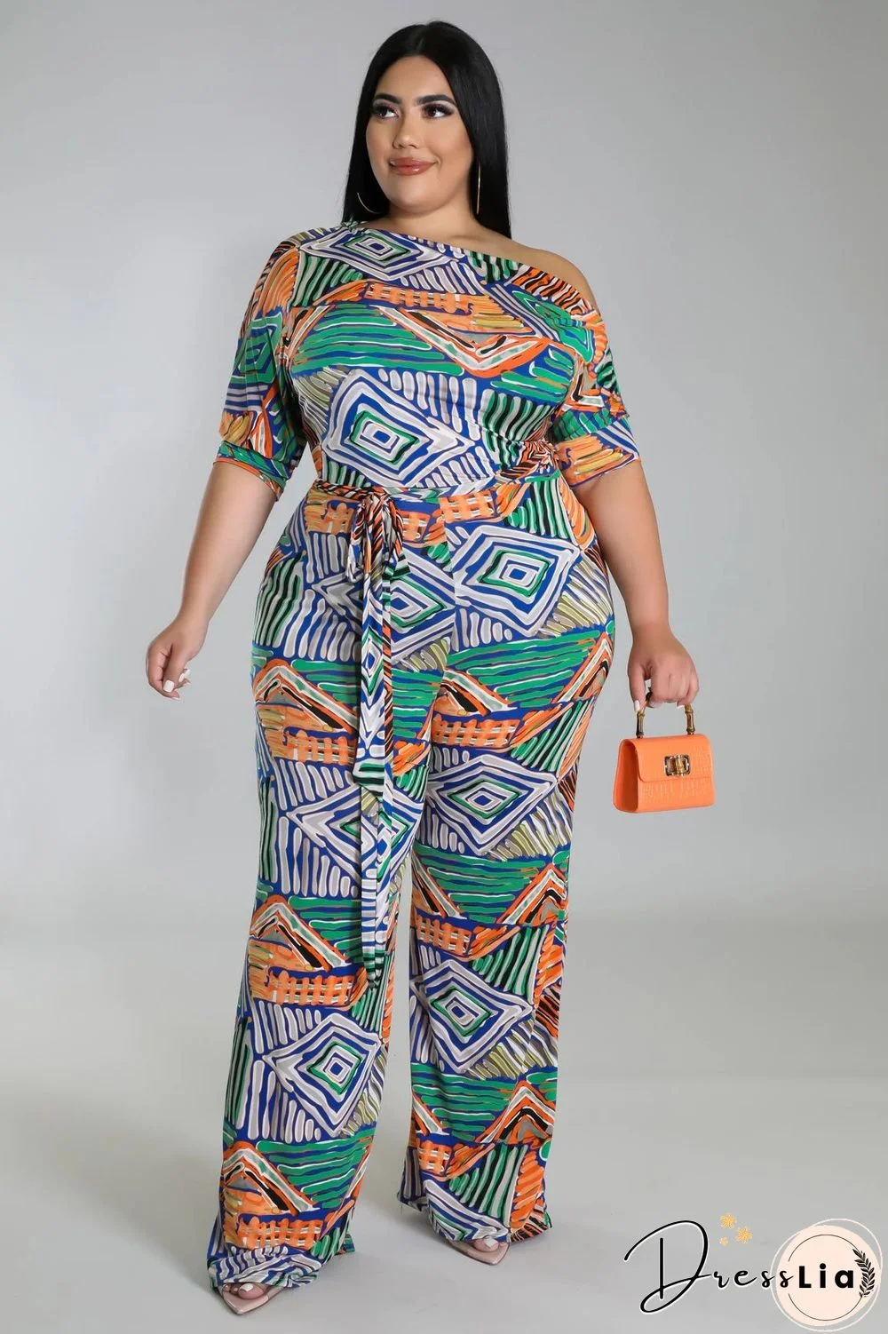 Off-the-shoulder Printed Plus Size Wide Leg Jumpsuit