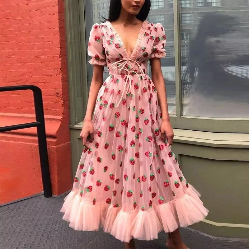 Graduation Gifts  Women Chic Princess Dress Strawberry Sequin Mesh Embroidery Lace-Up Puff Sleeve V-Neck Elastic Waist Tutu Fairy Dress 2023 New