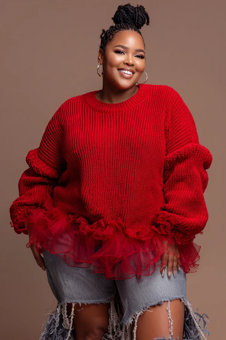 Xpluswear Design Plus Size Christmas Red Round Neck Long Sleeve Ruffle Casual Contrast Crochet Sweaters [Pre-Order]