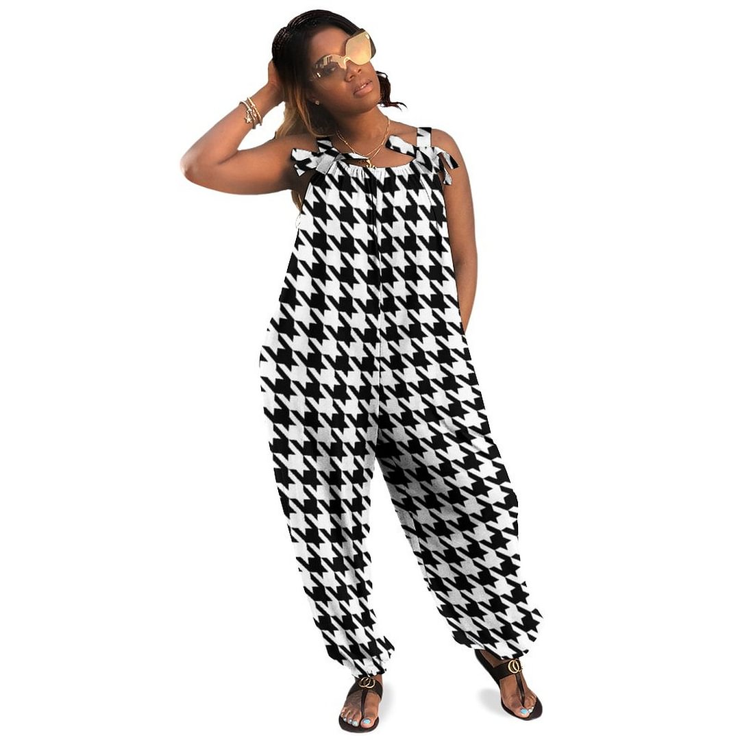 Black And White Pattern Houndstooth Print Boho Vintage Loose Overall Corset Jumpsuit Without Top