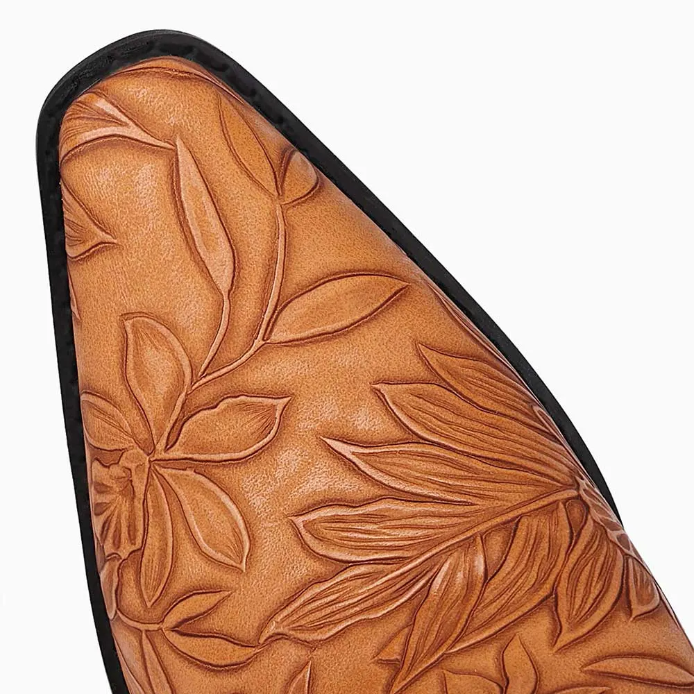 Brown Square Toe Chunky Heel Floral Embossed Women's Western Boots