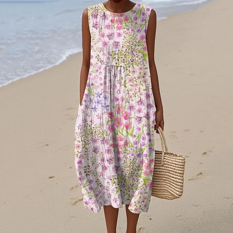 Vintage Loose Floral Art Linen Tank Dress