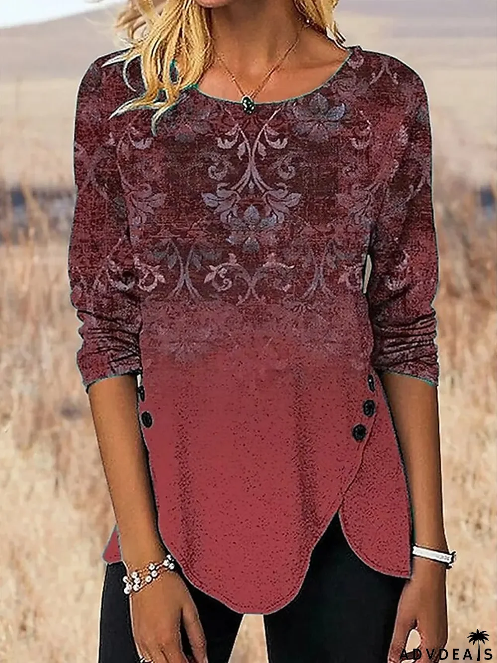 Women's T shirt Tee Floral Holiday Weekend Red Blue Purple Print Long Sleeve Fashion Round Neck Regular Fit Spring & Fall