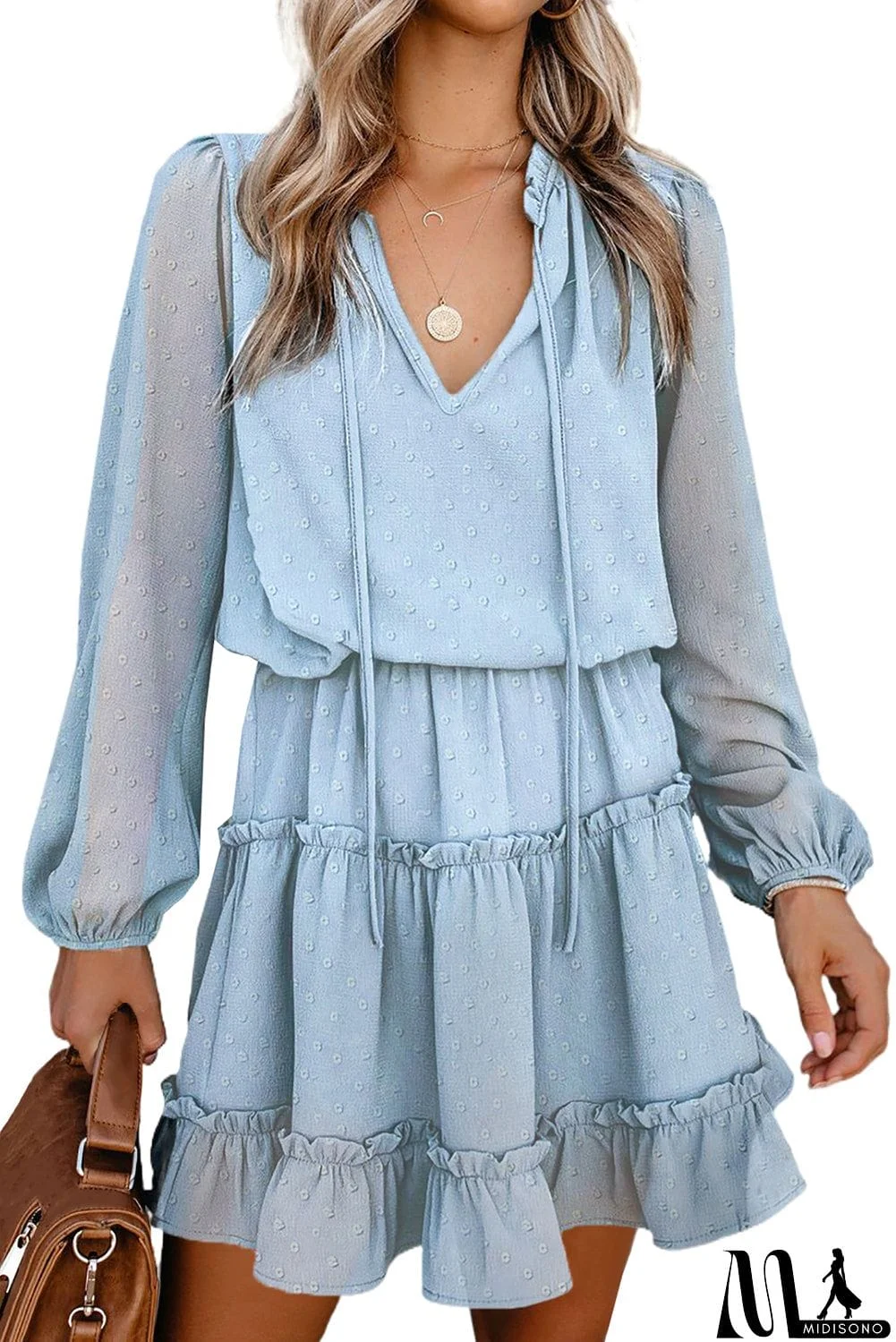 MidiSono - Swiss Dot Bubble Sleeve Ruffle Mini Dress