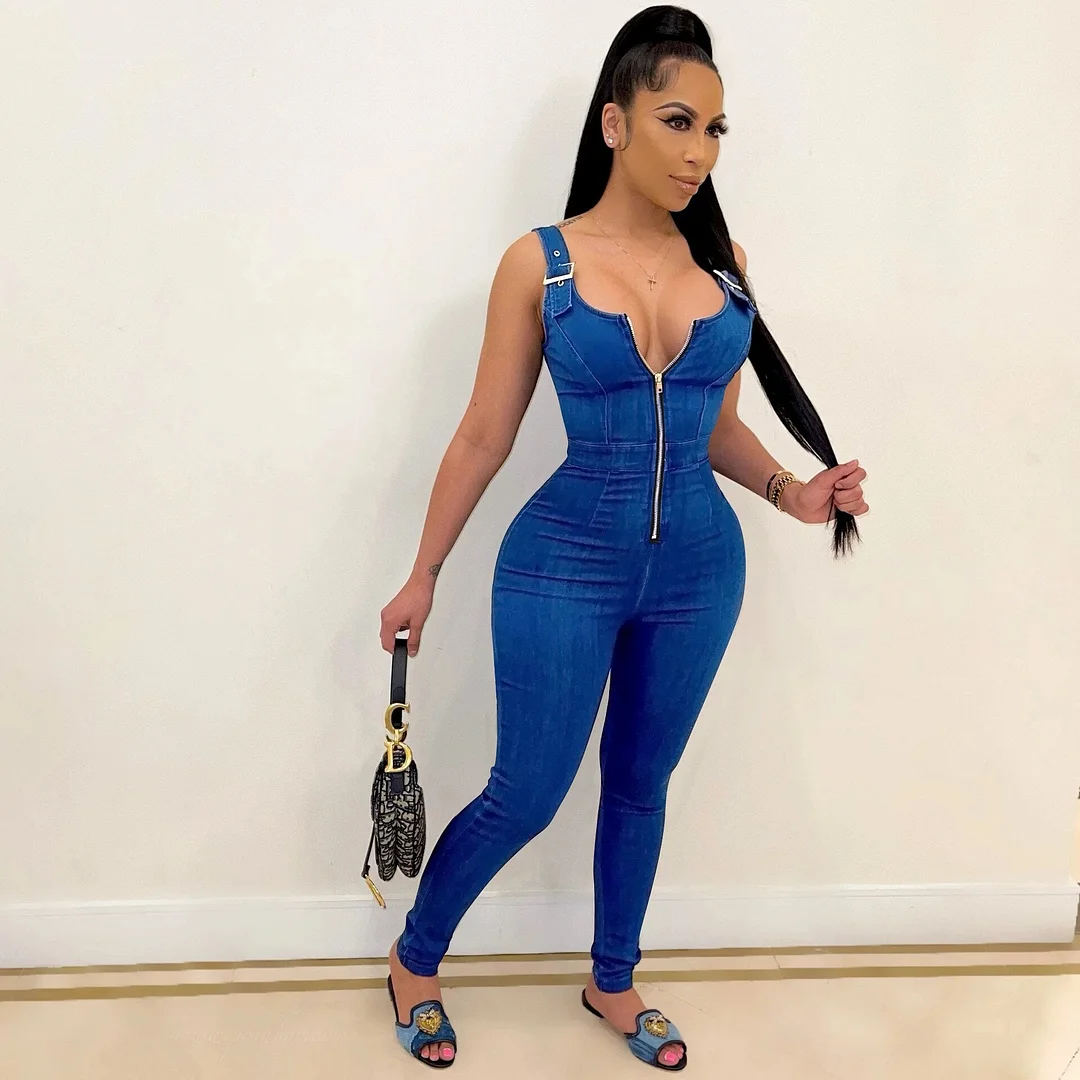 CM.YAYA Fake Jeans Women's Skinny Zipper Up Rompers Fashion Sleeveless Pencil Jumpsuit Bodycon Active One Piece Overalls