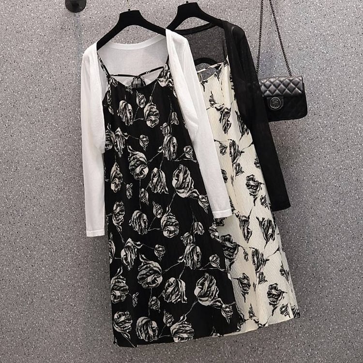 Doll Collar Floral Slip Dress Cardigan Two Pieces - Modakawa modakawa