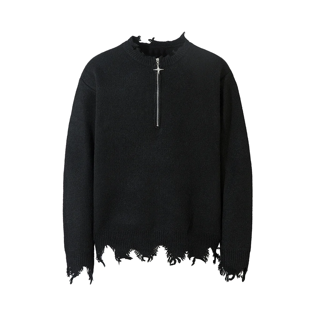 Abebey-Half Zipper Frayed Hem Ripped Solid Knitted Sweaters Mens and Womens Autumn Baggy Pullover Sweater Oversized Loose Clothes