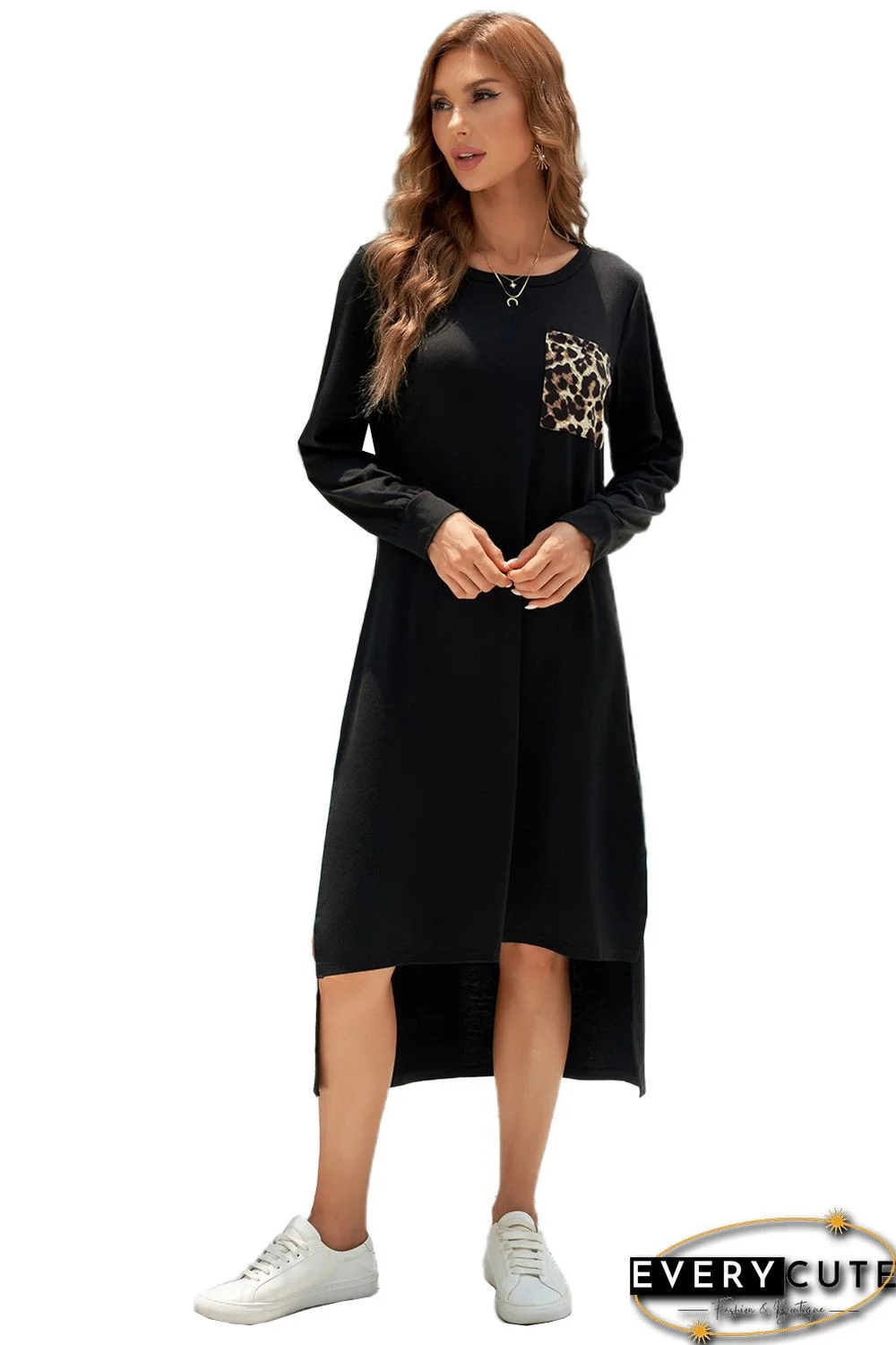 Black Leopard Patch Side Split Long Sleeve Midi Dress