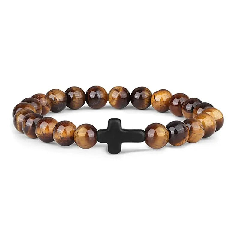 Hot Sale Cross Men’s Beaded Bracelet Tiger Eye Stone White Pine Obsidian White Pine Bracelet Jewelry