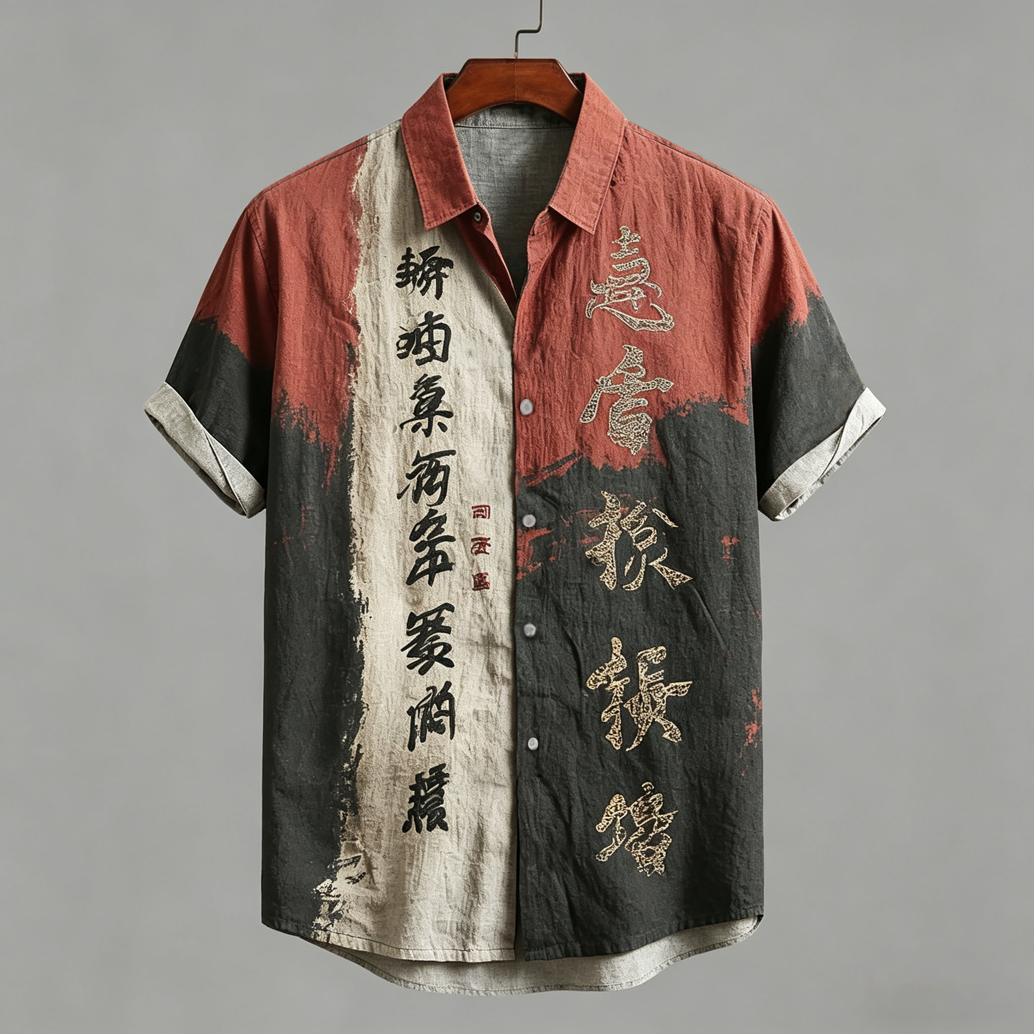 Men's Retro Calligraphy Art Color Block Linen Blend Short-sleeve Shirt elevenforest