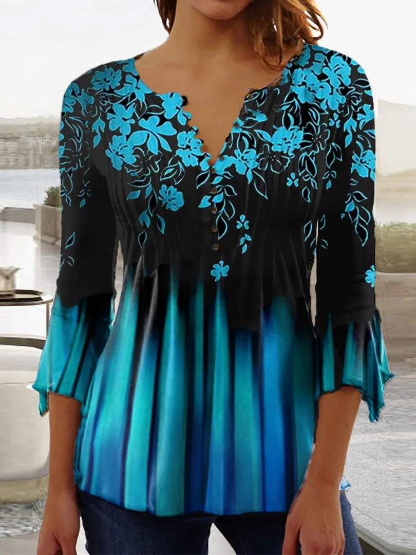 Women's 3/4 Sleeve V-neck Graphic Buttons Floral Printed Top