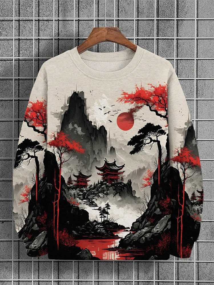 Men's Vintage Landscape Japanese Ink Painting Print Sweatshirt
