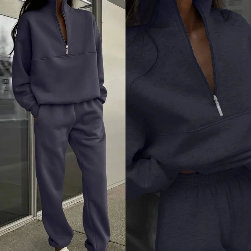 Women's Casual Loose Pullovers Zippers Elastic Waist Trousers Sweatshirt Tracksuit Sets