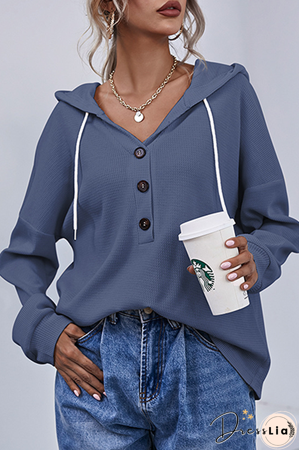 Casual Solid Draw String Buttons Hooded Collar Tops