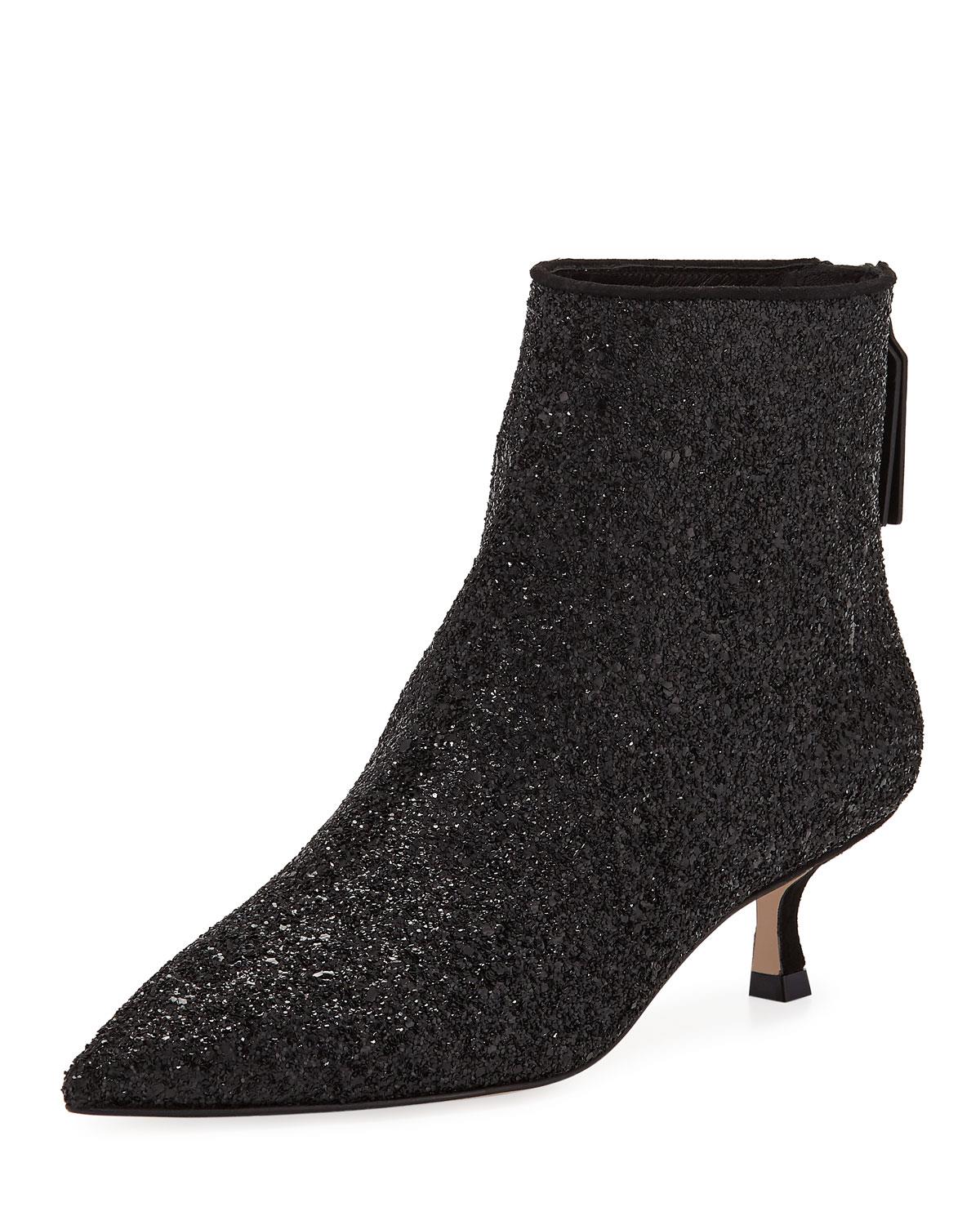Black Glitter Pointed Toe Back Zip Kitten Heel Booties for Women Nicepairs
