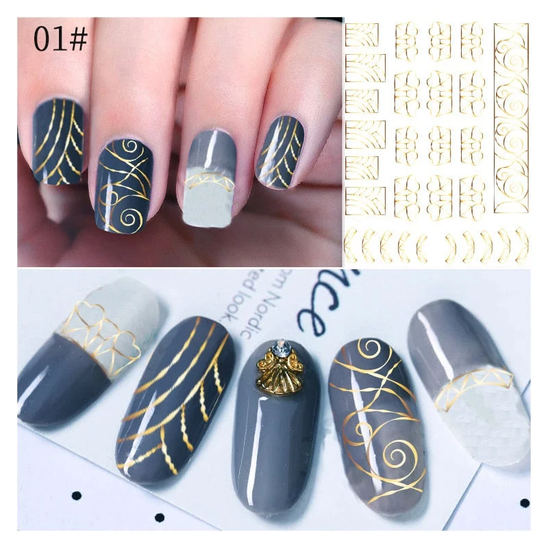 1 Sheet Gold Bronzing Stripe Lines Nail Stickers 3D Net Line Tape Self Adhesive Sliders DIY Manicures Decorations