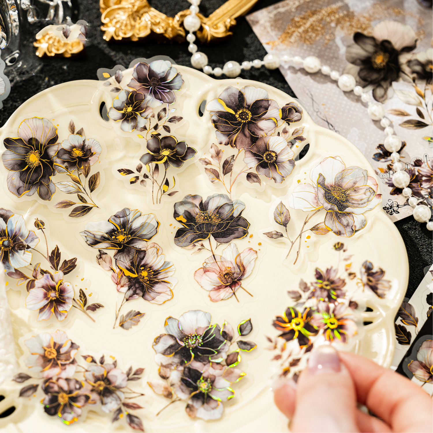 PET 스티커 - 꽃 편지 시리즈 빈티지 플로럴 브론징 풍경