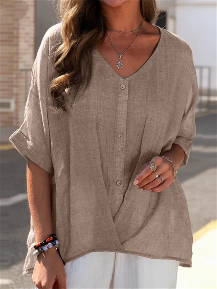 Cotton Linen V-neck Set Head Short-sleeved Loose Type Women's Shirt Casual Tops