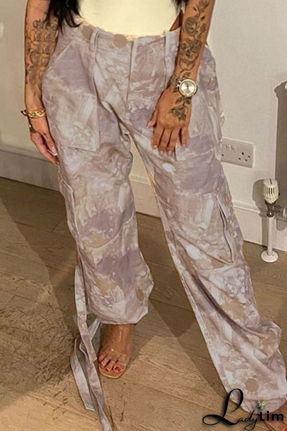 Army Green Street Print Bandage Patchwork Straight Straight Full Print Bottoms