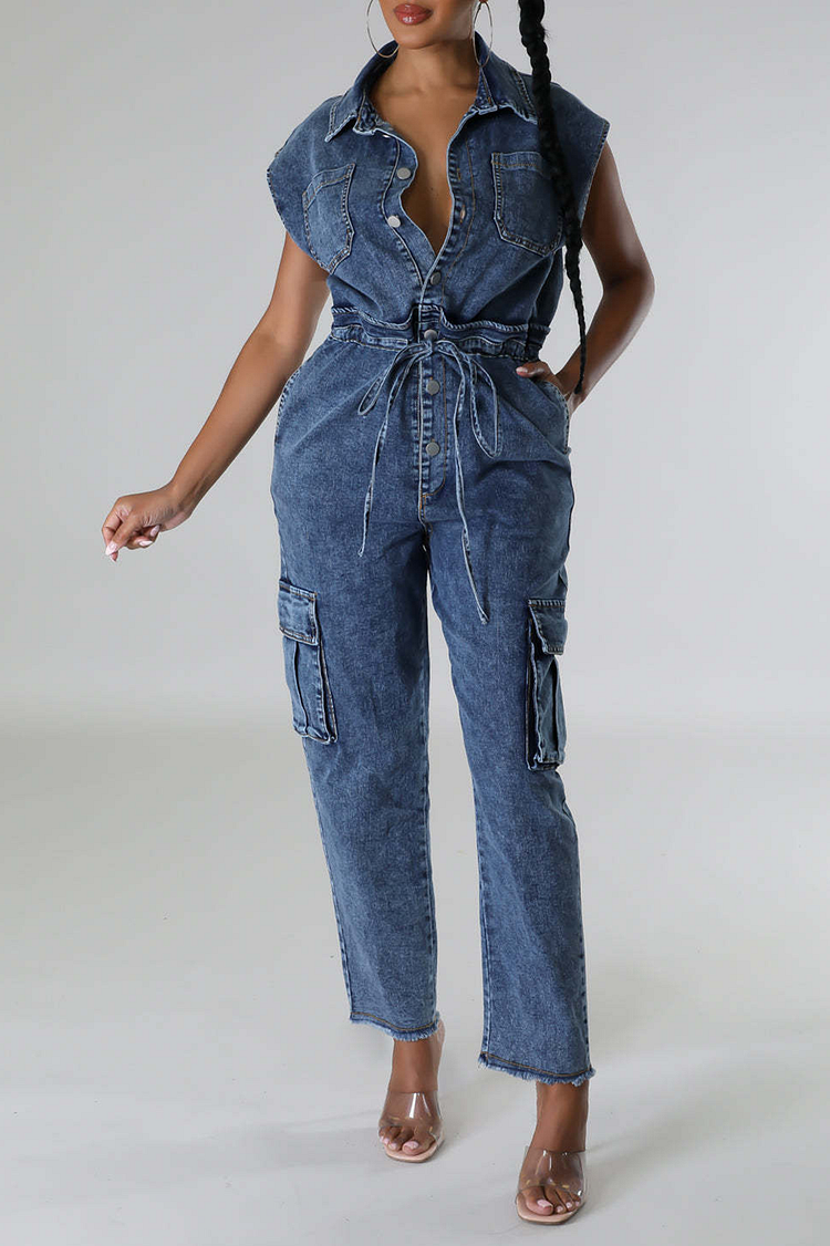 Turndown Collar Sleeveless Tie Up Straight Leg Denim Jumpsuit-Blue