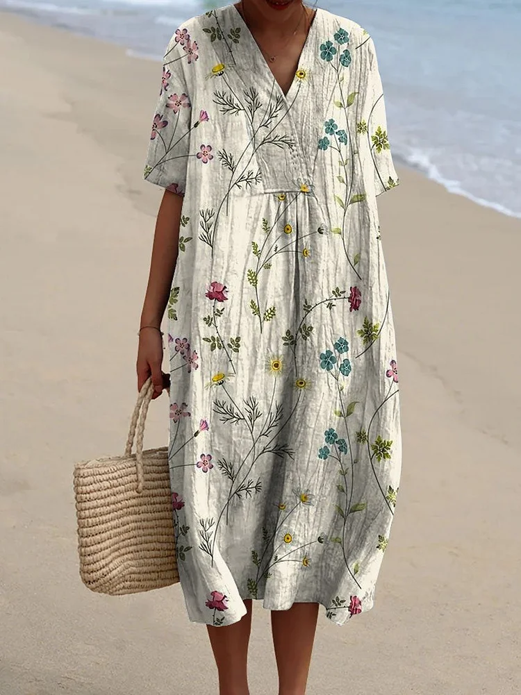 Women's Vintage Lovely Floral Art Print Casual Flowy Dress