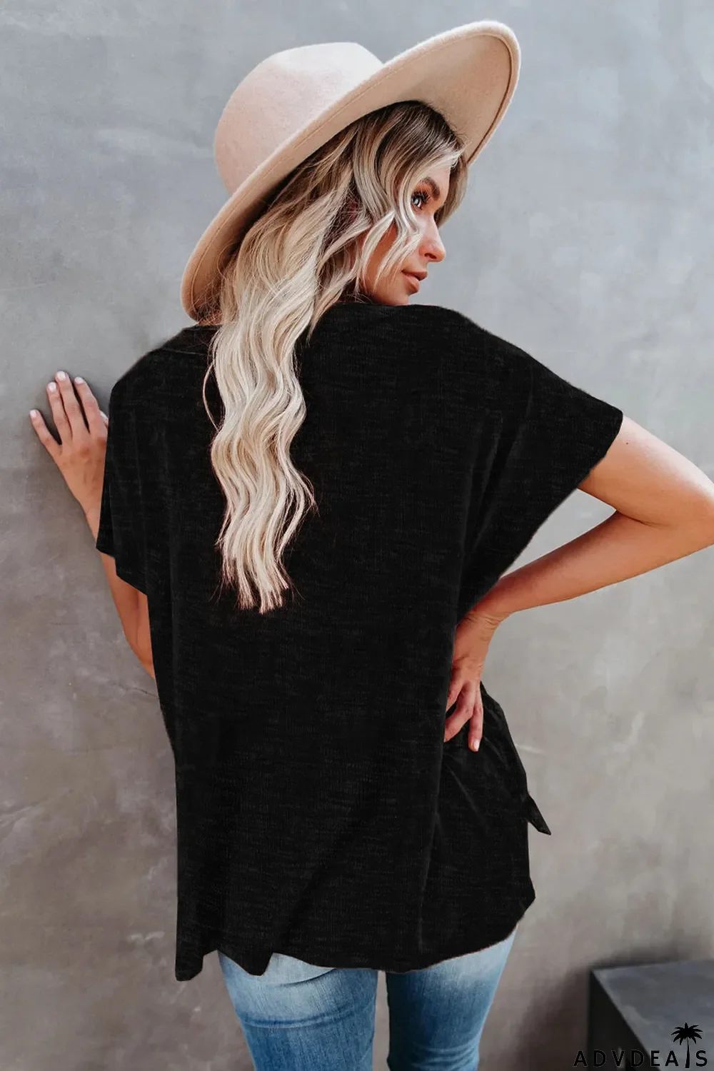 Black Oversized Mineral Wash Cotton Blend V Neck Short Sleeves Top