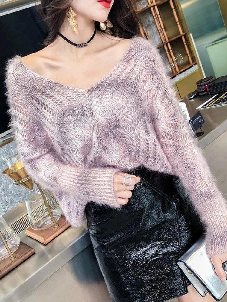 Lady Fashion V-neck Mesh Hollowed Out See-through Pullover Sweater Tshirts Women Sexy Tops Female Girls Casual Knitted T-shirt 2