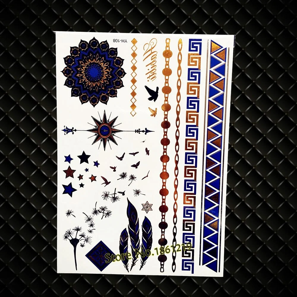 Sdrawing Shiny Metallic Tattoo Henna Gold Flower Body Art GCT166 Silver Lace Feather Tattoo Bracelet Flash Temporary Tattoo Stickers