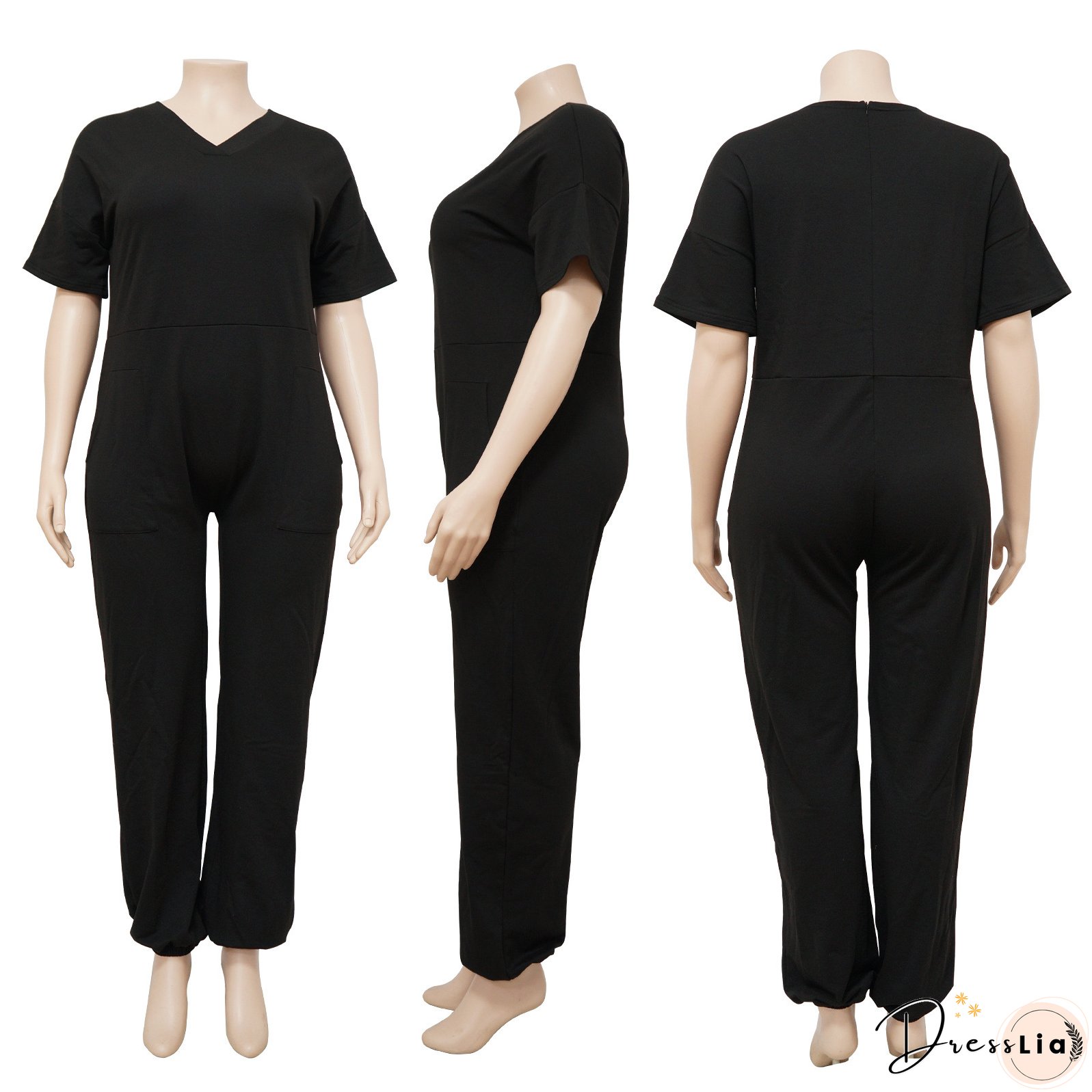 Spring Plus Size Women's Solid Short Sleeve V-Neck Jumpsuit