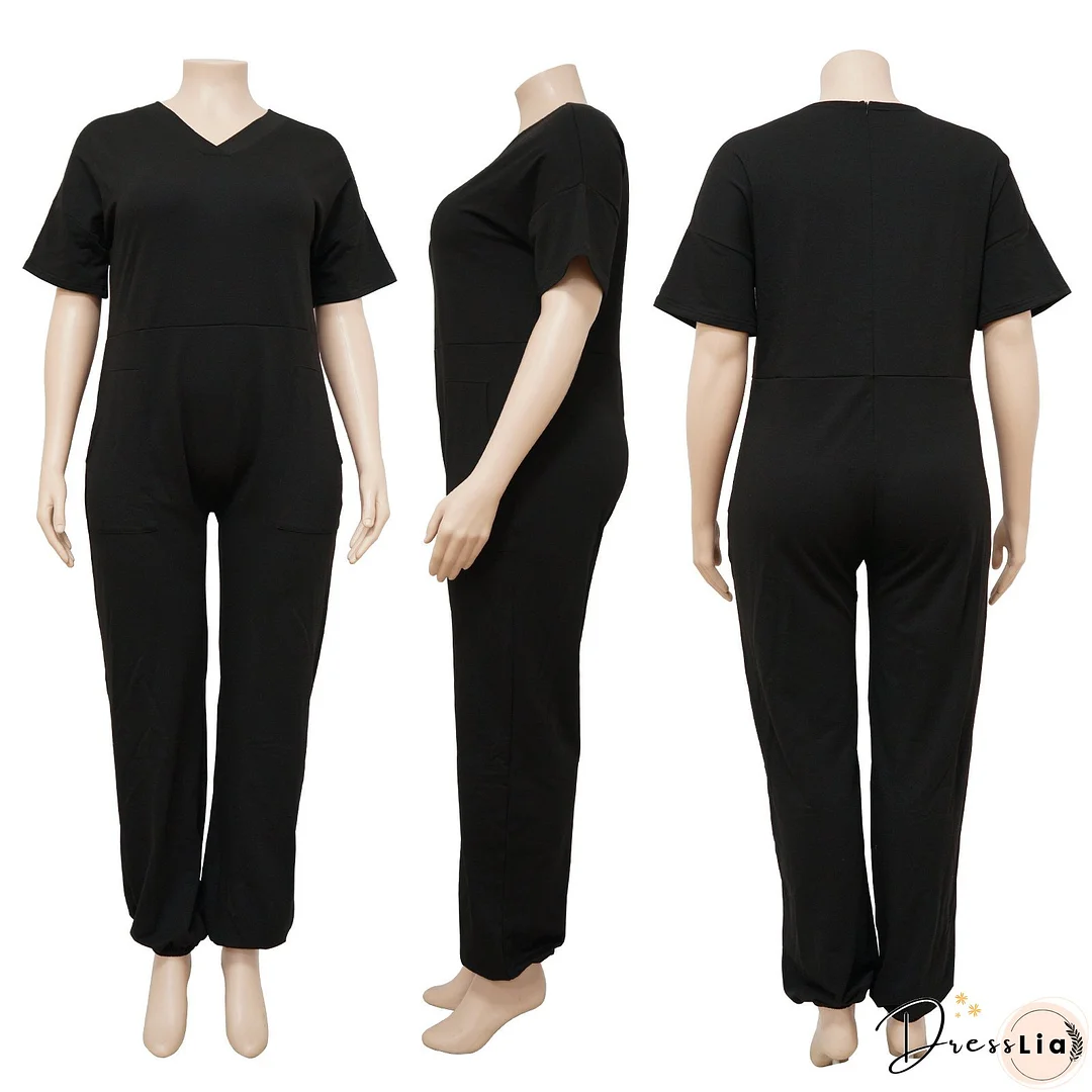 Spring Plus Size Women's Solid Short Sleeve V-Neck Jumpsuit