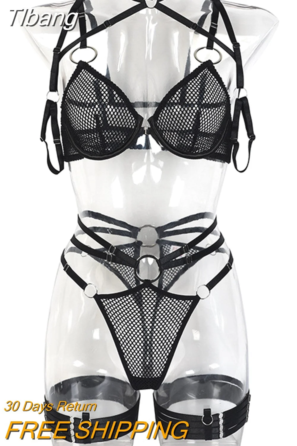 Tlbang Mesh Lingerie Sensual Crotchless Erotic Sets Transparent Women's Underwear Uncensored Video Black Sexy Intimate 4-Piece