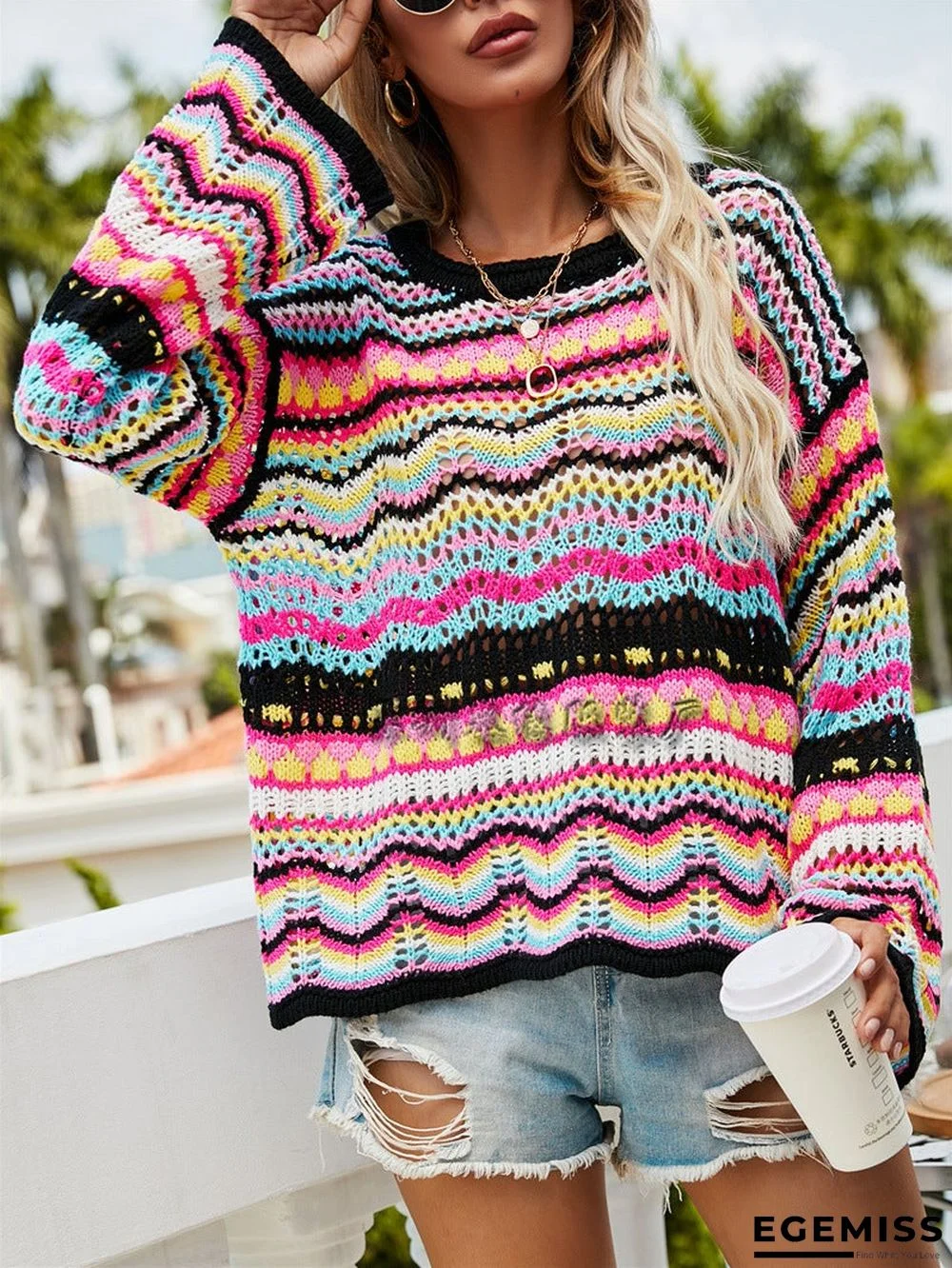 Autumn/Winter's New Stitched Loose-fitting Round-neck Striped Sweater | EGEMISS