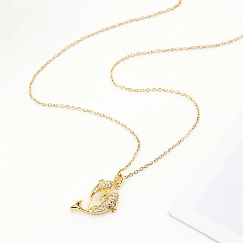 304 Stainless Steel Copper Inlay Dolphin Zircon Pendant Necklace