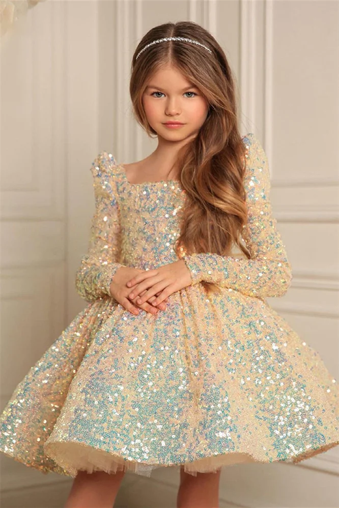 Bellasprom Sequins Long Sleeves Flower Girl Dress Mini Dress Square