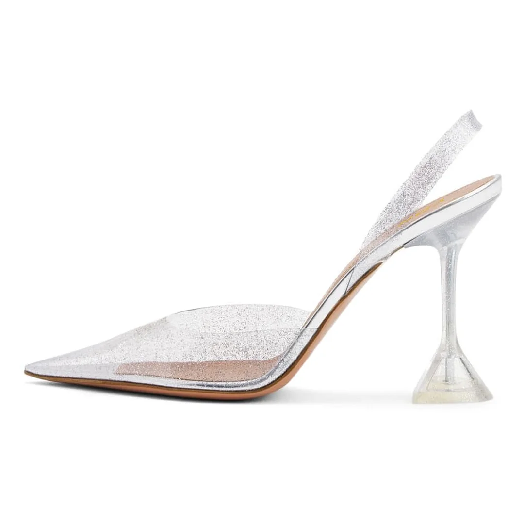 Silver Glittery Clear Pointed Slingback Flared Heel Bridal Pumps