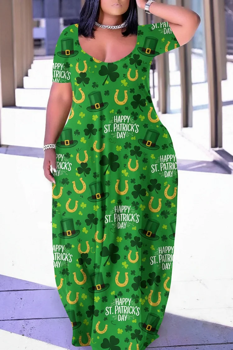 Plus Size Saint Patrick'S Day Green Graphic Round Neck Pocket Maxi Dresses 2024 - Xpluswear