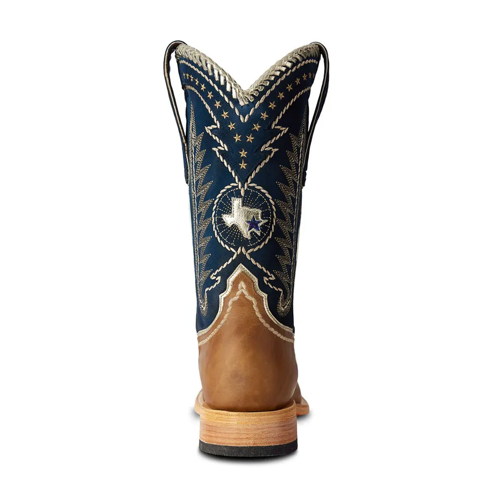 Brown & Navy Square Toe Stars Embroidered Cowgirl Mid-Calf Boots