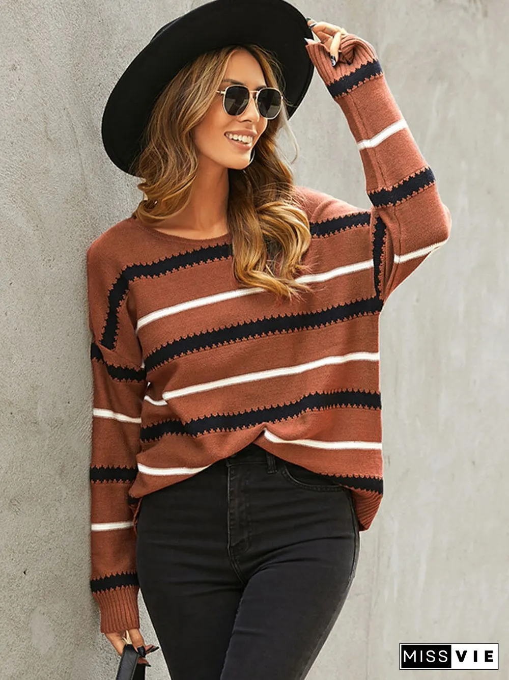 Stripe Print Drop Shoulder Long Sleeve Loose Sweater