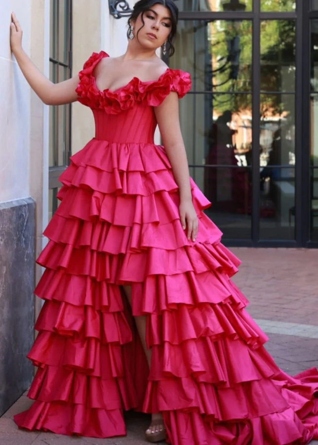 Ovlias Pink Off-shoulders V-Neck Prom Dress Floor Length Pleated with Split  JQ0093
