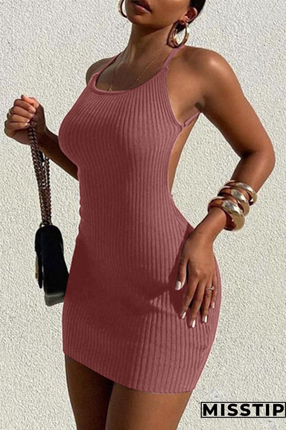 Brown Fashion Sexy Solid Backless O Neck Sleeveless Dress