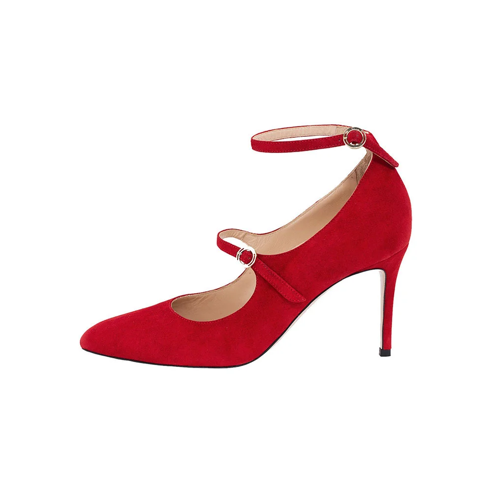 Red Faux Suede Pointed Toe Strappy Pumps With Stiletto Heel Nicepairs