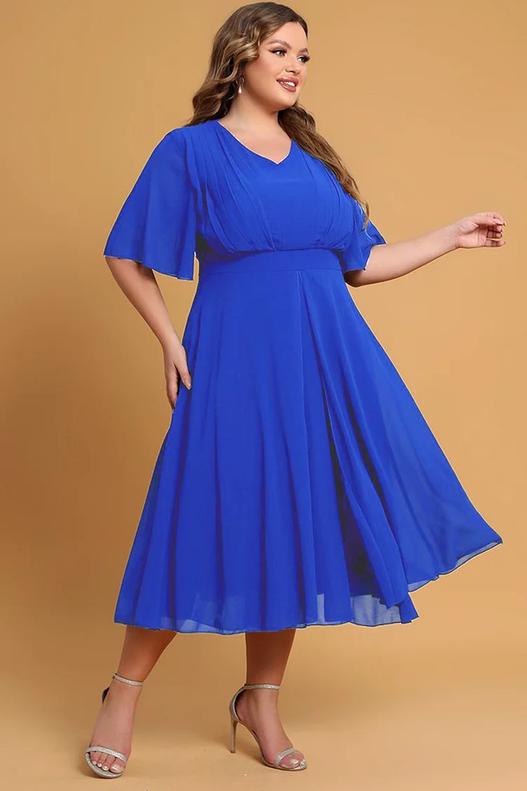 Flycurvy Plus Size Mother Of The Bride Royal Blue V Neck Layered Hem Tunic Tea-Length Dress